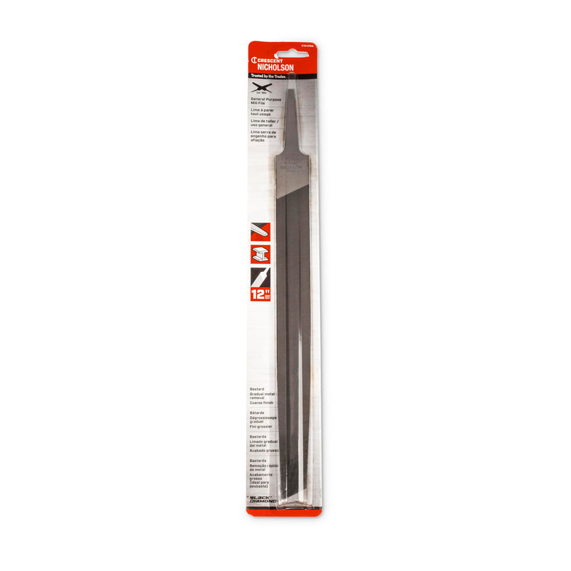 Nicholson 12"" Mill Single Cut Bastard File - Carded - 21842NN", multi No Handle 12"