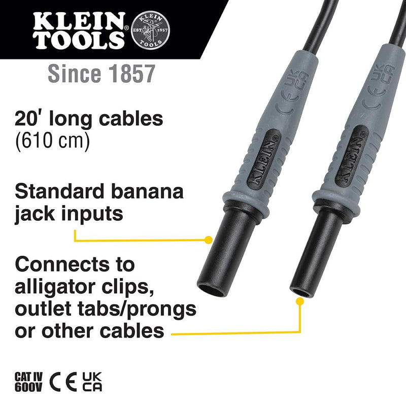 Klein Tools 69358 Lead Adapters, Extension Cable for Meters with Banana Jack Inputs, 20-Foot