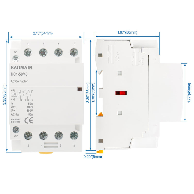Baomain 110V AC 4-Pole Modular Contactor, 50A 4NO Normally Open, DIN Rail Mount for HVAC, Motor, Pump & Lighting Control BCT-50/40, HC1-50/40-110VAC 110 VAC