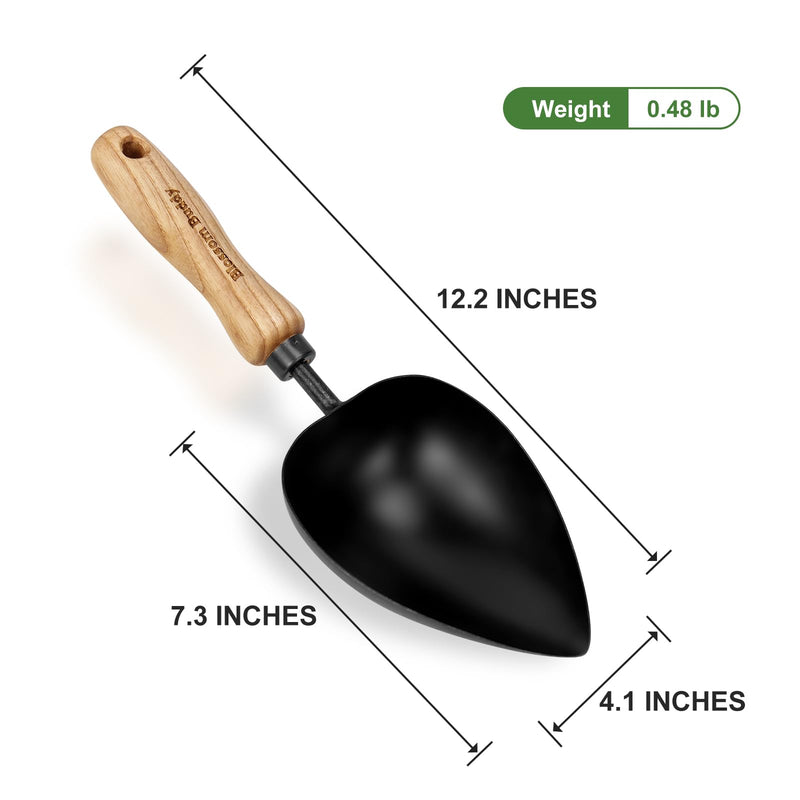 Garden Hand Scoop, Black Stainless Steel with Wood Handle, Traditional Style Heart-Shaped Planting Spade
