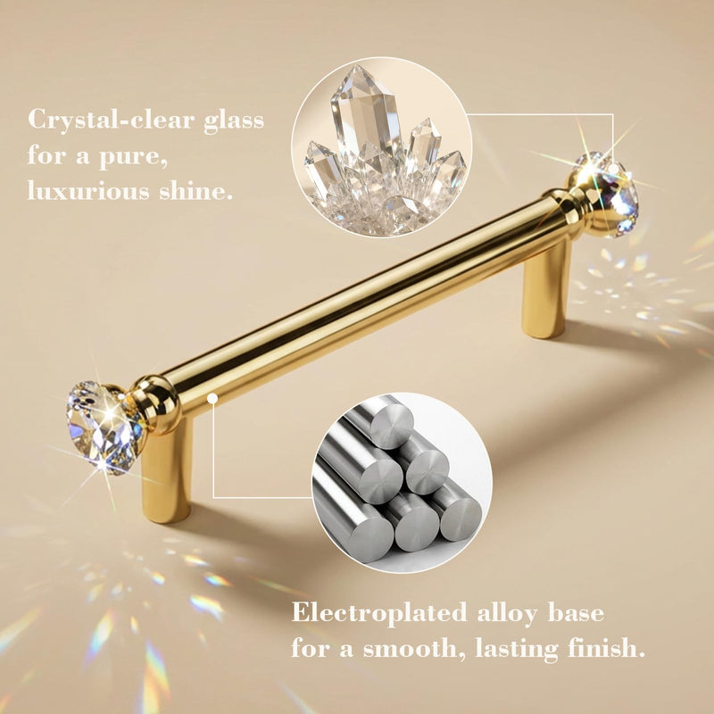 POZEAN 4 Pack Gold Crystal Drawer Pulls, 3-3/4"(96mm) Hole Center, 5 Inch Elegant Dresser Cabinet Pull, Zinc Alloy Farmhouse Handles for Kitchen Dresser Drawer Bathroom Vanity 96 mm