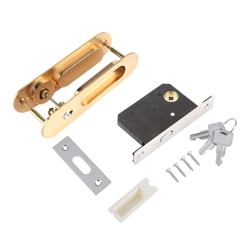 Anti Theft Sliding Door Lock Handle with Keys, Invisible Recessed Handle Latch, Pocket Door Lock for Pocket Door Barn Wood Door Interior Privacy Furniture Hardware Inside or Outside Locked (Gold) Gold