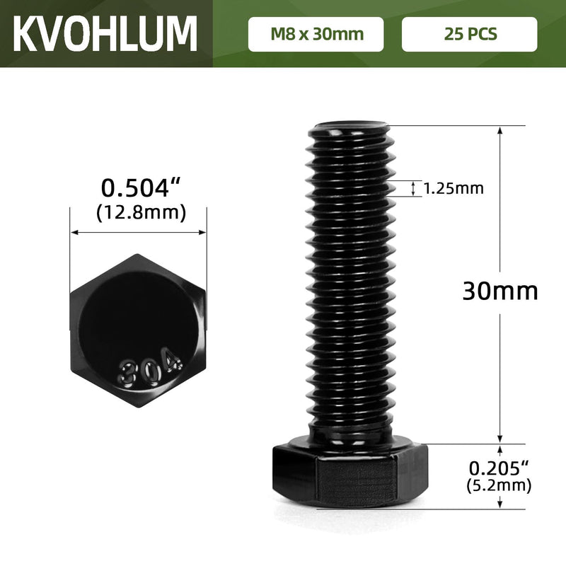 M8 x 30mm Hex Head Screw Bolt, 25 PCS Stainless Hex Bolts, Full Thread, 18-8 Stainless Steel (304), Black Coating M8 x 30mm