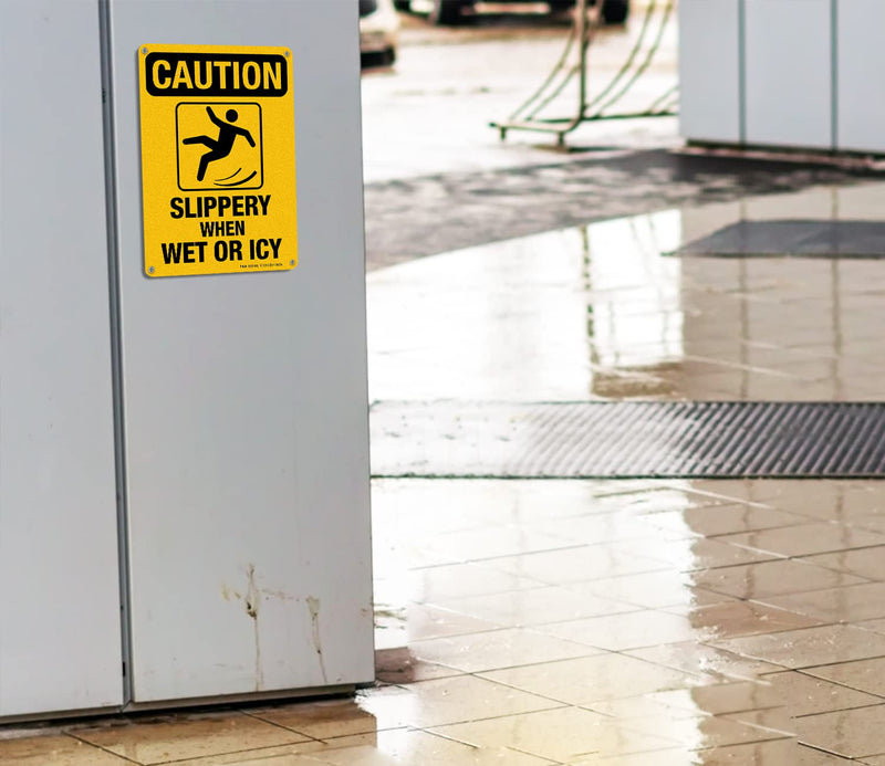 Slippery When Wet Or ICY Sign, Caution Sign, 4 Pack, 10" x 7" Rust Free .040 Aluminum, UV Protected, Waterproof, Weatherproof and Fade Resistant, 4 Pre-drilled Holes YELLOW - 4 Pack