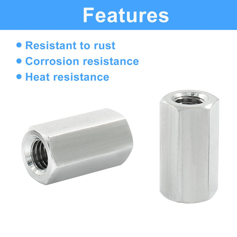 6 Pcs M8 X 1.25-Pitch 25 mm Length Hex Coupling Nut, 13 mm Width Stainless Steel Rod Coupling Nuts (Metric) M8 25mm