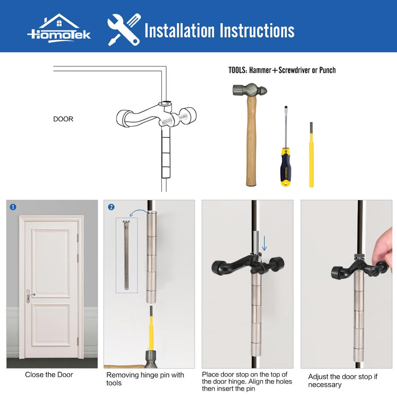 HOMOTEK 1 Pack Hinge Pin Door Stoppers, Hing Door Stops, Adjustable Deluxe Heavy Doorstops for Top of Door, Door Hinge Stoppers with White Rubber Bumper Tips,Satin Nickel Satin Nickel