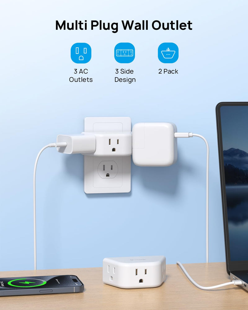 TROND Multi Plug Outlet Extender 2 Pack - Electrical Wall Splitter, 3 Way Angled Wall Outlet Adapter, Cruise Essentials, Small Multiple Plug Expander for Cruise Ship Home Office Dorm Room, White 3AC, 2 Pack