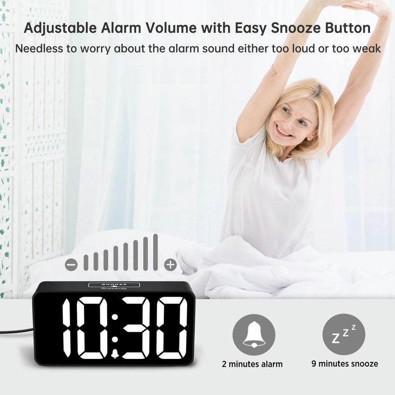 DreamSky Small Digital Alarm Clock for Bederoom, Large Big Numbers Display with Dimmer for Living Room, Electric Bedside Desk Clock with USB Charging Port, Adjustable Volume, USB-C Adapter Powered Black Case White Digits