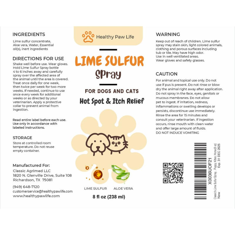 Classic's Lime Sulfur Spray - Pet Care for Dry and Itchy Skin - Spotcare and Safe Solution for Dog, Cat, Puppy, Kitten, Horse (4 oz) - PawsPlanet Australia