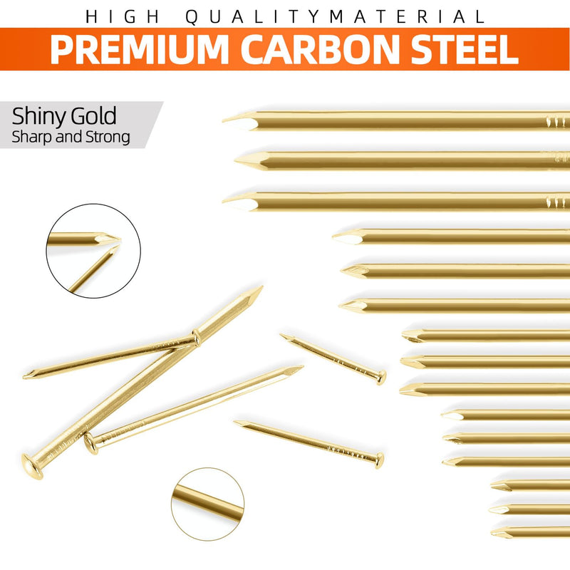 5 Sizes Gold Hardware Nails Assortment Kit, Picture Hanging Nails, Finishing Nails, Wood Nails, Wall Nails for Hanging, Small Nails, 400 PCS