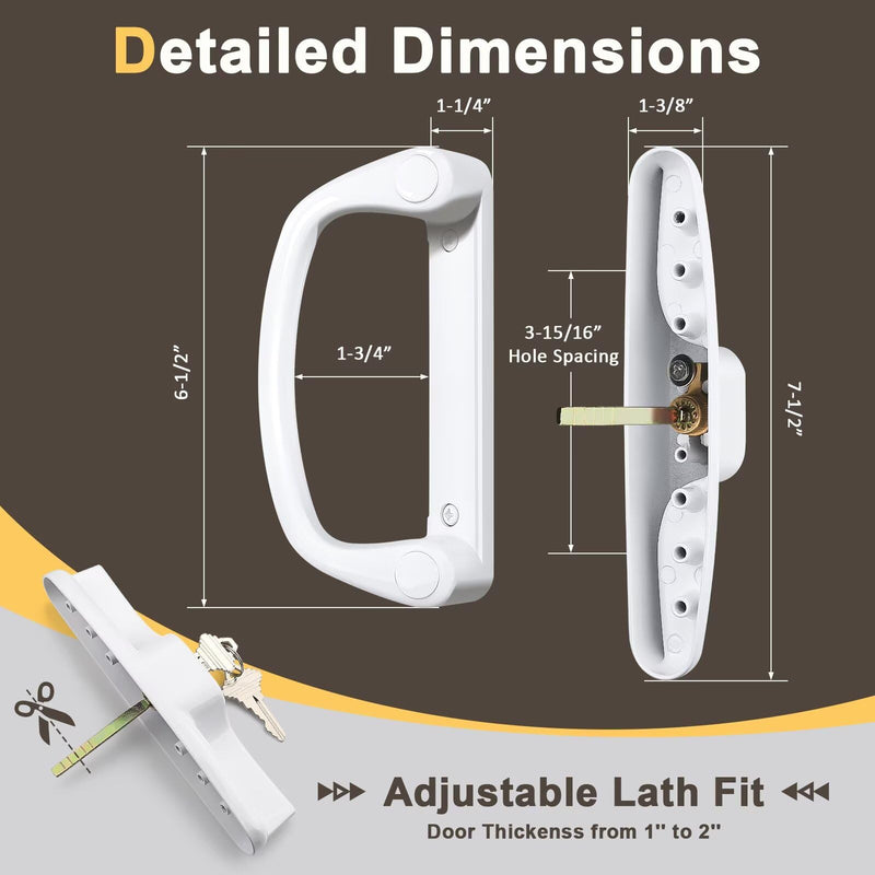 Knobonly Keyed Patio Sliding Door Handle Set, Replacement Slider Handle Set for Glass Door, Fit Standard 1’’ to 2’’ Thick Doors, 3-15/16’’ Hole Spacing, Reversible Design, with Mortise Lock White