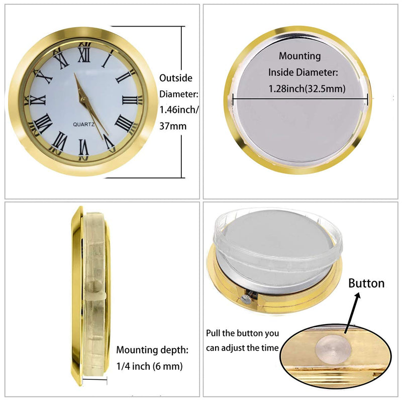HILLHOME Mini Clock Insert 1-1/2 Inch (37 mm) Round Quartz Movement Miniature Clock White Face Gold Tone Bezel Roman Numerals Fit 35 mm Diameter Hole 1 7/16 Inch/37mm