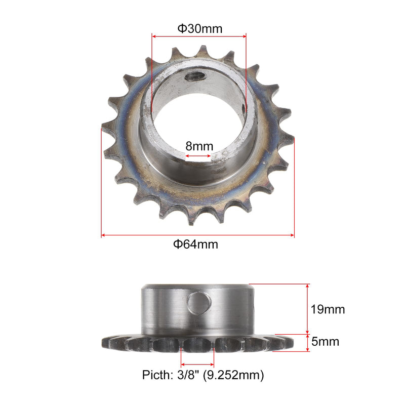 uxcell ISO/DIN 06B-1 Roller Chain Sprocket B Type 30mm Bore, 3/8" Pitch, A3-Steel Single Strand Roller Sprocket Hardened 20 Tooth