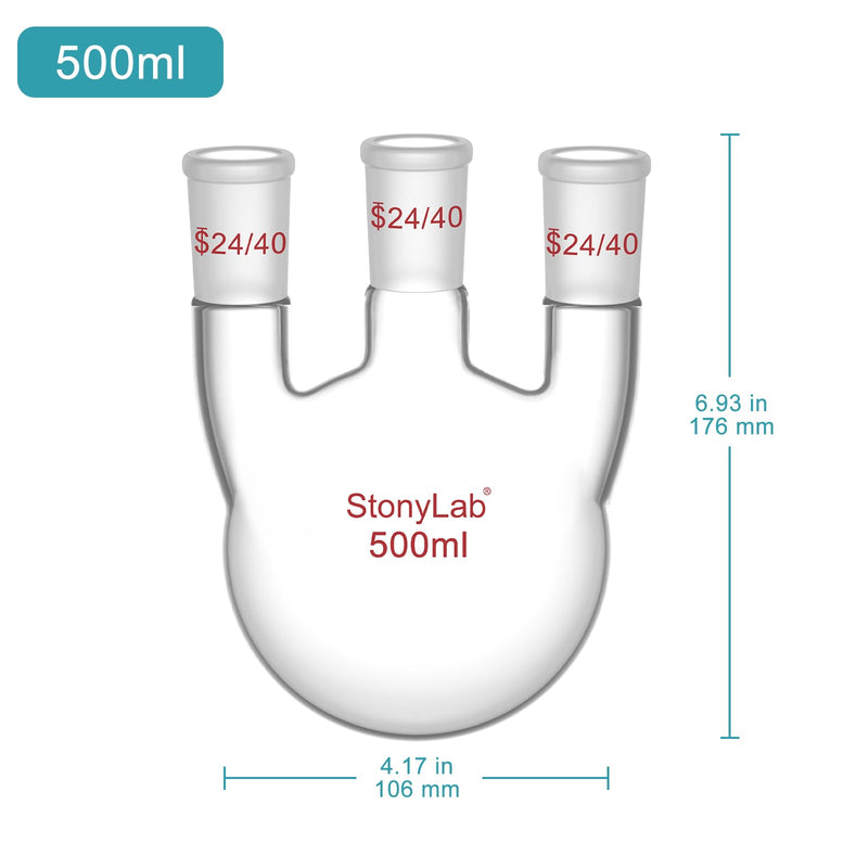 stonylab Round Bottom Flask with 3 Straight Neck-24/40 Standard Joints, 500 ml High Borosilicate Glass, Ideal for Chemistry, Laboratory, Scientific Experiments, Distillation, and Reflux Applications