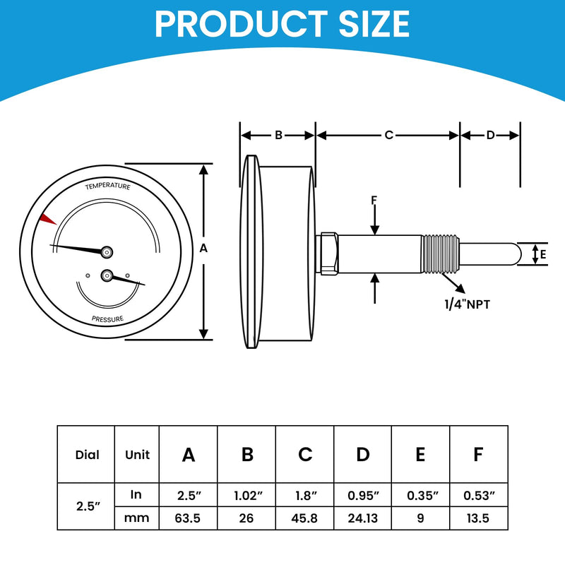 MEASUREMAN Commercial Tridicator Boiler Gauge Kit, 2.5" Dial, 0-200 PSI (ft H₂O) & 70-320°F, 1/4" NPT Back Mount with 1/2" NPT Adapter and O-Ring（2.95'' Stem） 0-200 PSI 60-320°F 2.95'' Stem,with 1/2" NPT Adapter