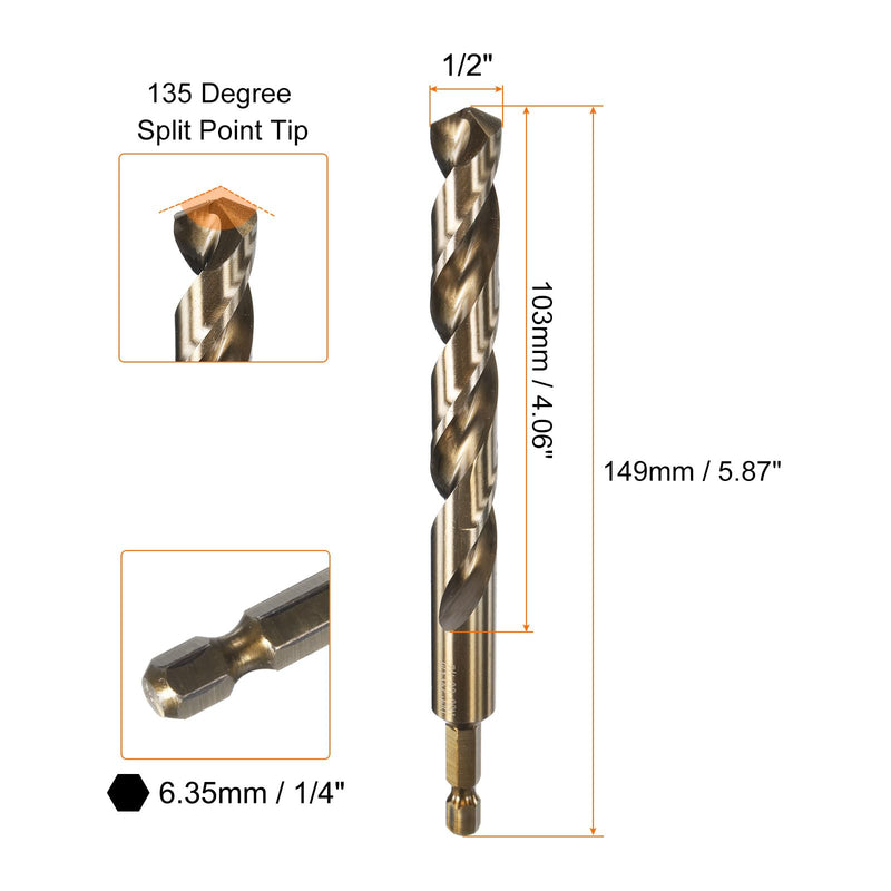 HARFINGTON 4pcs 1/4" Hex Shank Drill Bit 1/2" Gold Oxide M35 High Speed Steel Twist Drill Bit 135 Degree Split Point Tip Drilling Tool with Quick Change Hex Shank for Metal Wood Plastic 1/2 in 4