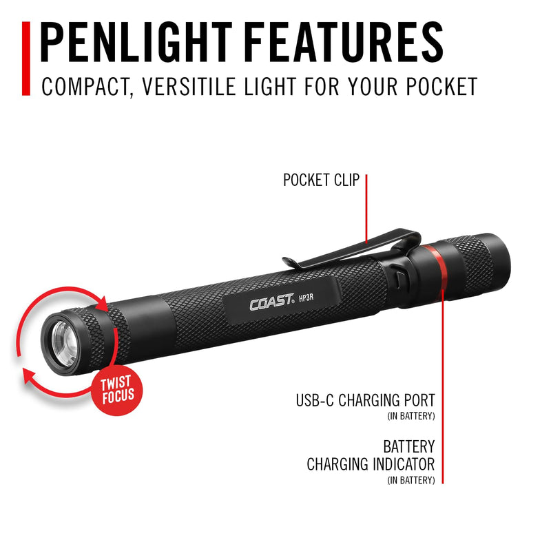 Coast® HP3R 385 Lumen Rechargeable LED Penlight with Twist Focus™, Orange