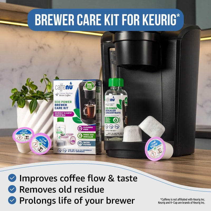 Caffenu Keurig Compatible Descaling Solution Cleaner and Descaler Kit. 2 Uses Descaling Solution, 3 Cleaning Pods and 2 Filter Replacement. 3 Months Maintenance Kit. For Keurig 1.0 & 2.0