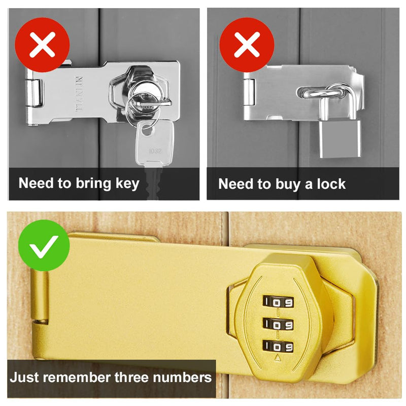 2Pcs Cabinet Password Rotary Hasp Locks,4 Inch Keyless Combination Lock for Cabinets,Gates,Doors,Closets and More (Gold) Gold