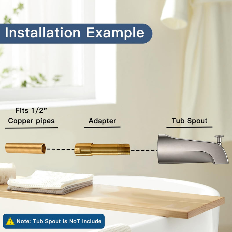 Tub Spout Adapter, Brass, Fits 1/2" Pipe,5-3/8 Inch Bathtub Spout Durable Kit for Both Diverter &Non-Diverter Types,Includes Tub Spout Repair Kit with Assembly Tool