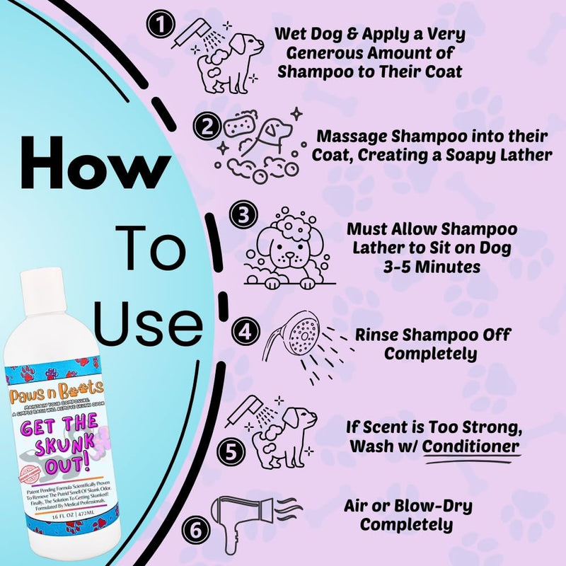 Get The Skunk Out! The Most Effective Skunk Odor Removing Shampoo for Pets Ever Made. All-Natural, Safe, Enzymatic Formula. Patent-Pending Technology. Non-Toxic, Safe to Use on All Pets - PawsPlanet Australia