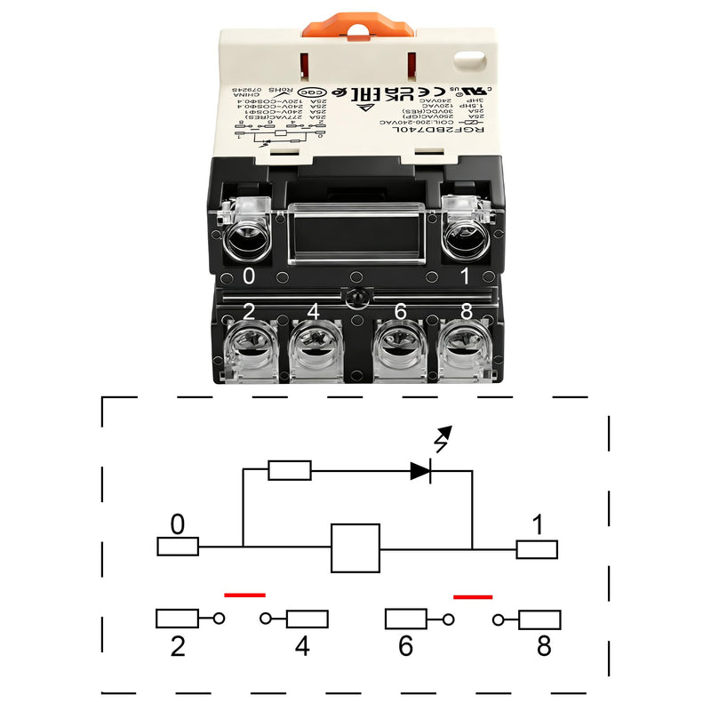 General Purpose Relay, RGF2BD740L, 25A 200-240VAC Coil Voltage, 6Pin Double Pole Single Throw Normally Open Contacts, with LED Indicator Light and Protection Cover, 35mm DIN Rail Mount 1 AC 220V