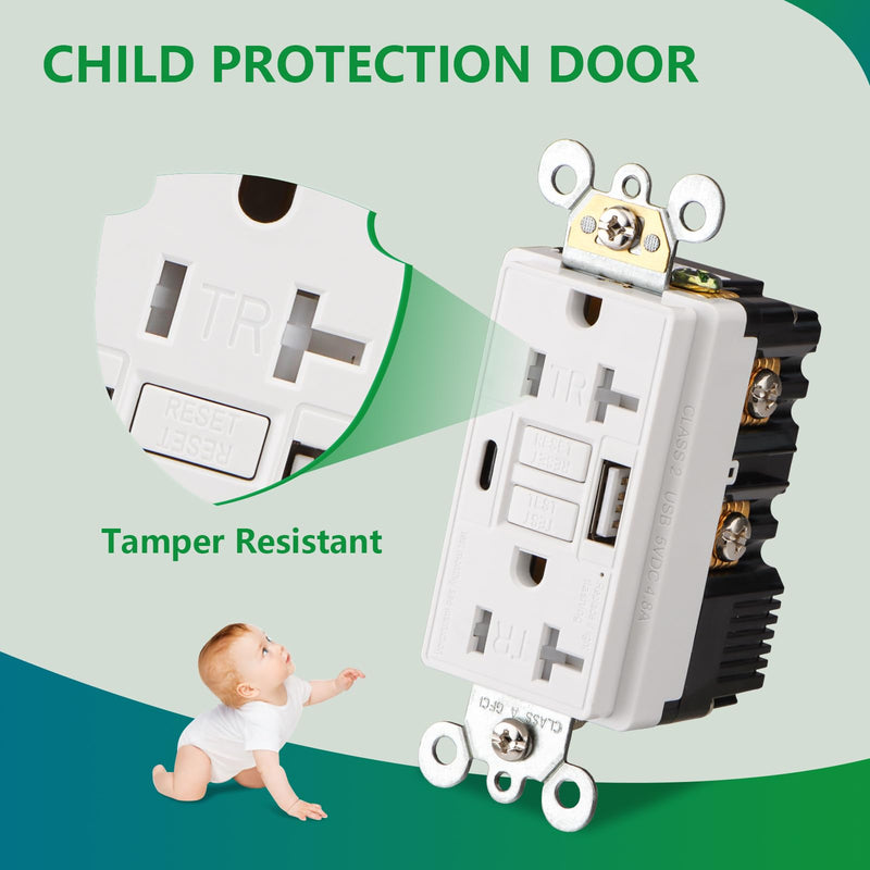 GFCI Outlet with USB in-Wall,20A Self-Test with LED Indicator Tamper Resistant DC5V 4.8A Charger Outlet with USB Type A & TypeC,White 20A_USBA&C