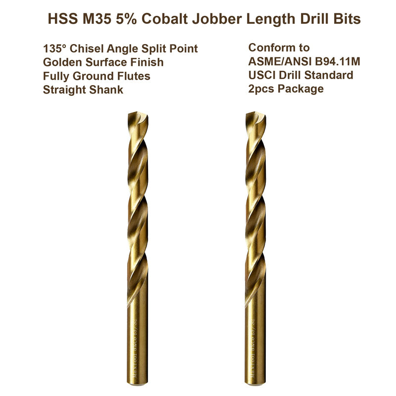 MAXTOOL 1/2" 2pcs Identical Jobber Length Drills HSS M35 Twist Drill Bits 5% Cobalt Fully Ground Golden Straight Shank Drills; JBF35G10R32P2