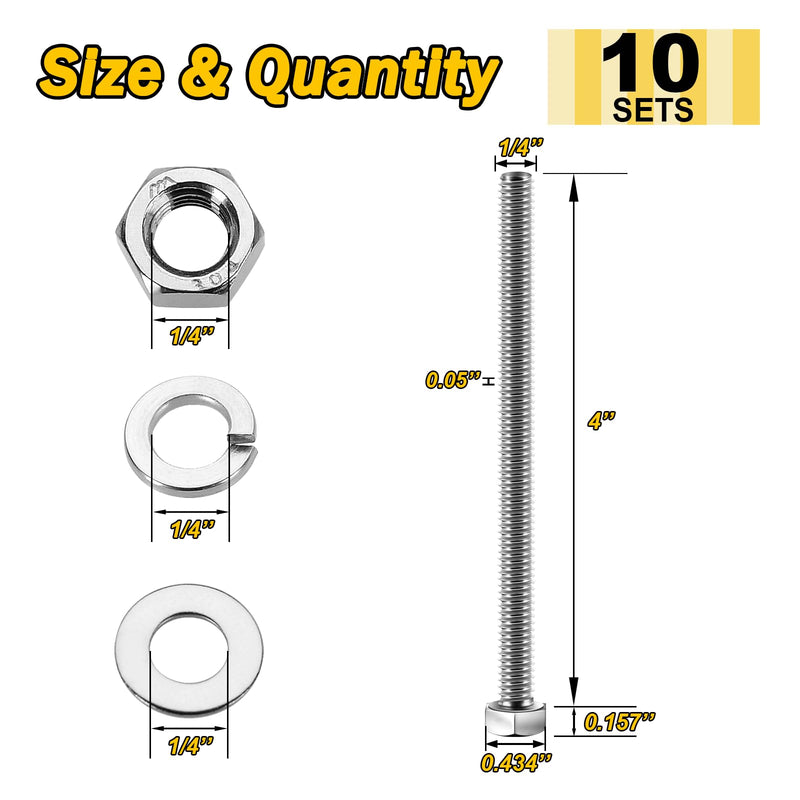 (10 Sets) 1/4-20x4 Hex Head Assorted Screws Nuts and Bolts with Flat & Lock Washers, 304 Stainless Steel 18-8, Fully Threaded, 1/4 Bolt Metric Bolt Assortment 4" (Silver) 1/4-20" 10