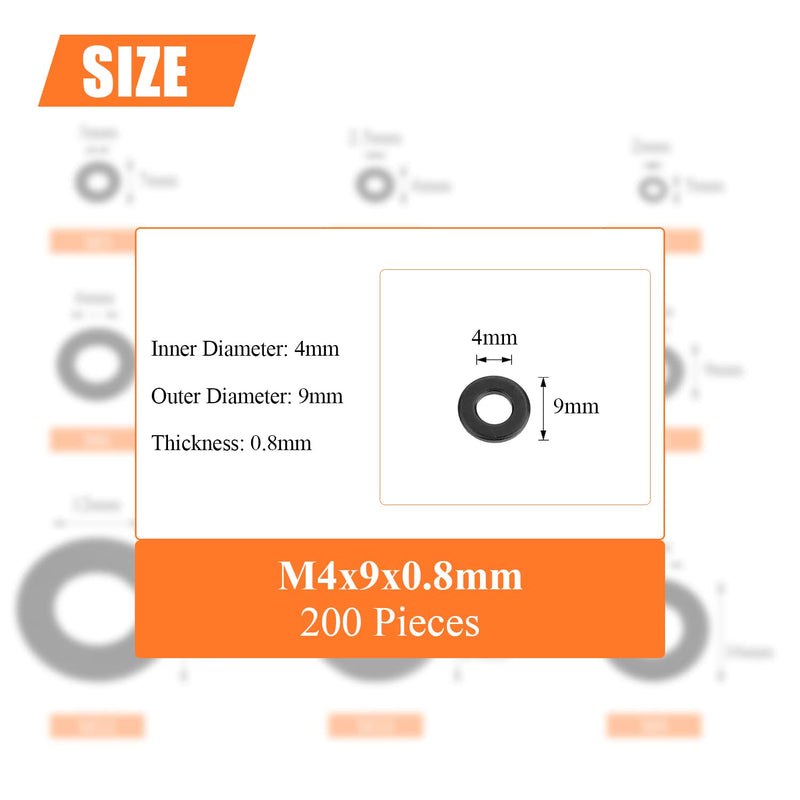 200 Pieces M4 Flat Washers, Black Zinc Plated Steel, Inner Diameter 4mm, Outer Diameter 9mm, Thickness 0.8mm, Fender Washers, Metal Washers for Screws Bolts M4 (200 PCS)