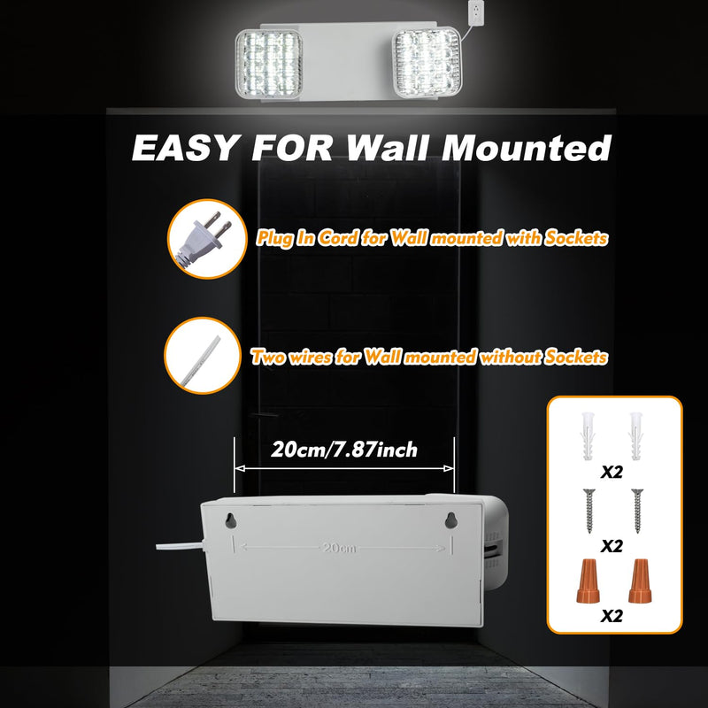 Plug in Emergency Lights for Business Home Power Failure 4Hours 300lm LED Commercial Emergency Light Fixtures with Battery Backup Rechargeable Adjustable Two Heads AC85-277V Square White