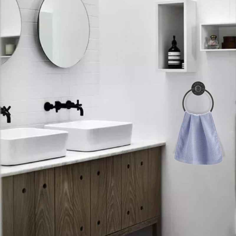 HighFree Industrial Towel Ring, Farmhouse Pipe Hand Towel Holder, Matte Black Wall Mounted Bathroom Hardware, Rustic Towel Ring for Bathroom (2)