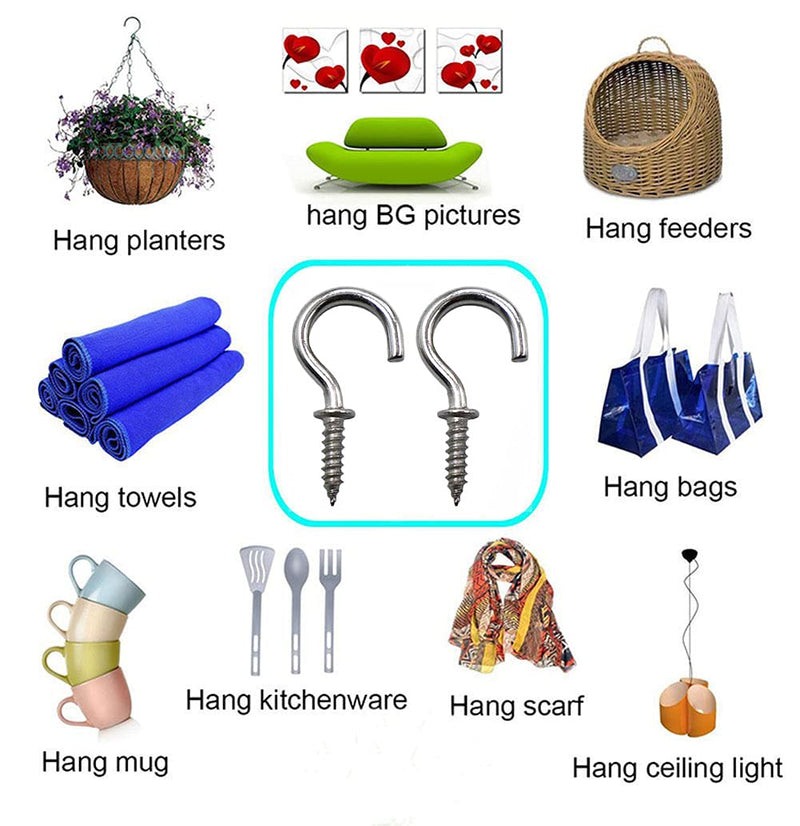 50 Pcs (304) Stainless Steel Screw Ceiling Hooks 5/8 Inch Small Cup Hook Screw-in Light Hooks Outdoor and Indoor Hanging
