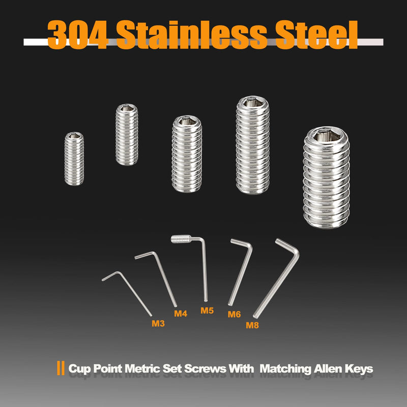 Kadrick 304 Stainless Steel Set Screws, 275 Pcs, M3-M8, 3mm-16mm Lengths 275Pcs Set Screws M3-M8