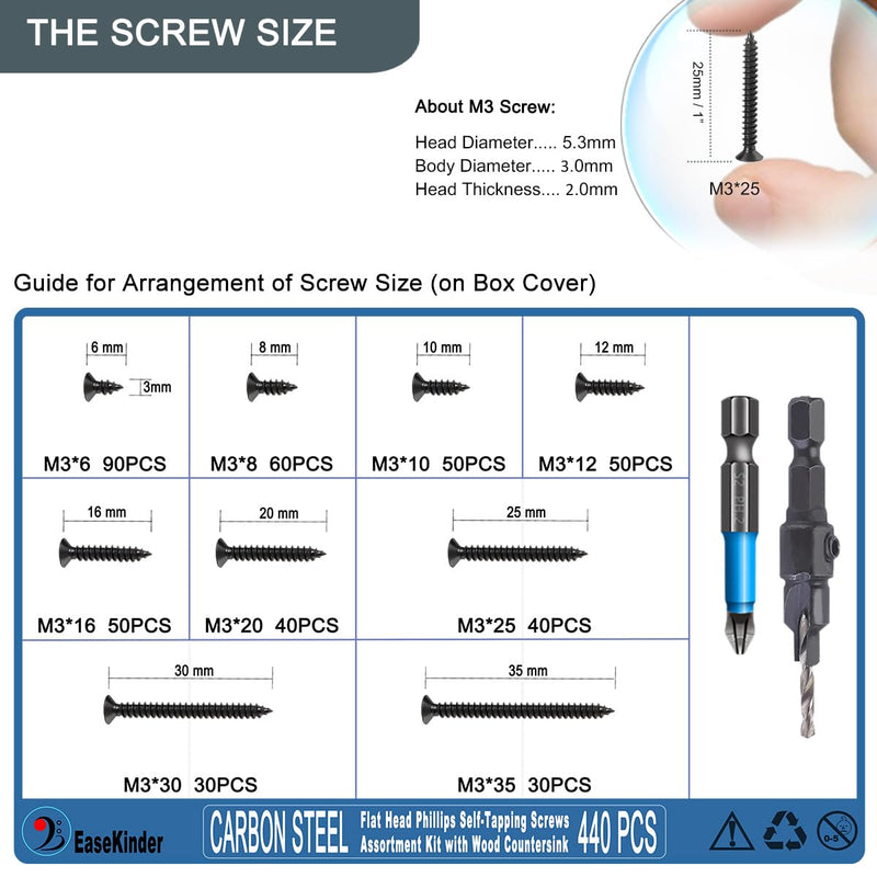 440PCS Flat Head Phillips Wood Screws Assortment Kit, Carbon Steel Self-Tapping Screw with Adjustable Wood Countersink (CSQ235 M3) CSQ235 M3