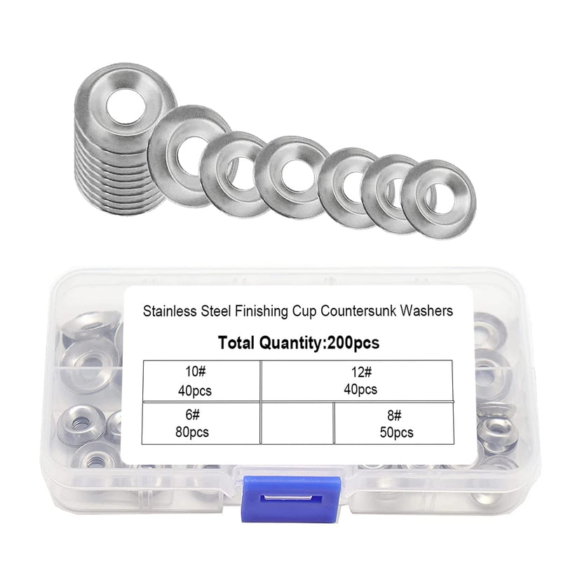 200 Pcs 304 Stainless Steel Finishing Cup Countersunk Washers Assortment Kit, Cup Countersunk Finish Washer Kit- #6#8#10#12