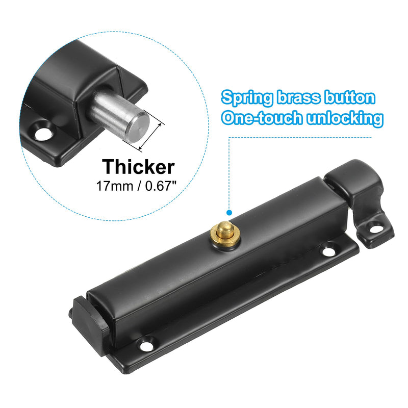 MECCANIXITY Spring Loaded Latch Pin 5.67 x 1.18 Inch Door Safety Slide Lock with Button Internal Door Bolt Latch Sliding Lock Barrel Bolt with Screws Furniture Cabinet Black, Pack of 2 5.67x1.18Inch