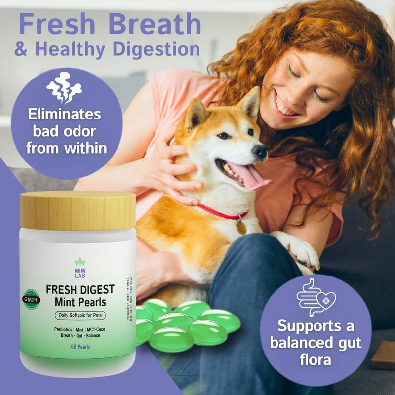 Dog & Cat Breath Mints Freshener Remedy for Oral Bad Odour Supports Hygiene & Gut Health with Natural Mint & Ginger Oil 60 Soft Capsules for Pet Care Prebiotics & Digestive Enzymes