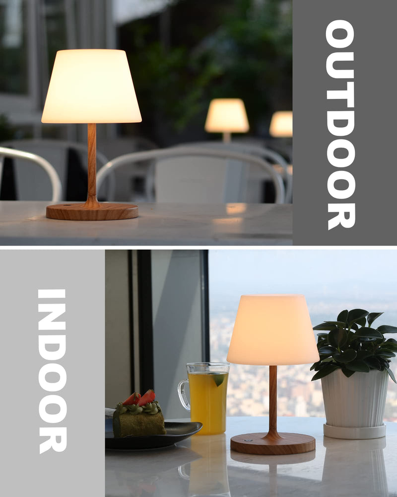 Outdoor Battery Operated Table Lamp Waterproof, 4000mAh Cordless Rechargeable, Touch Dimmable Desk Lamp, LED Night Light for Patio Camping Restaurant Home, H9.6in, Wood Grain 9.6in
