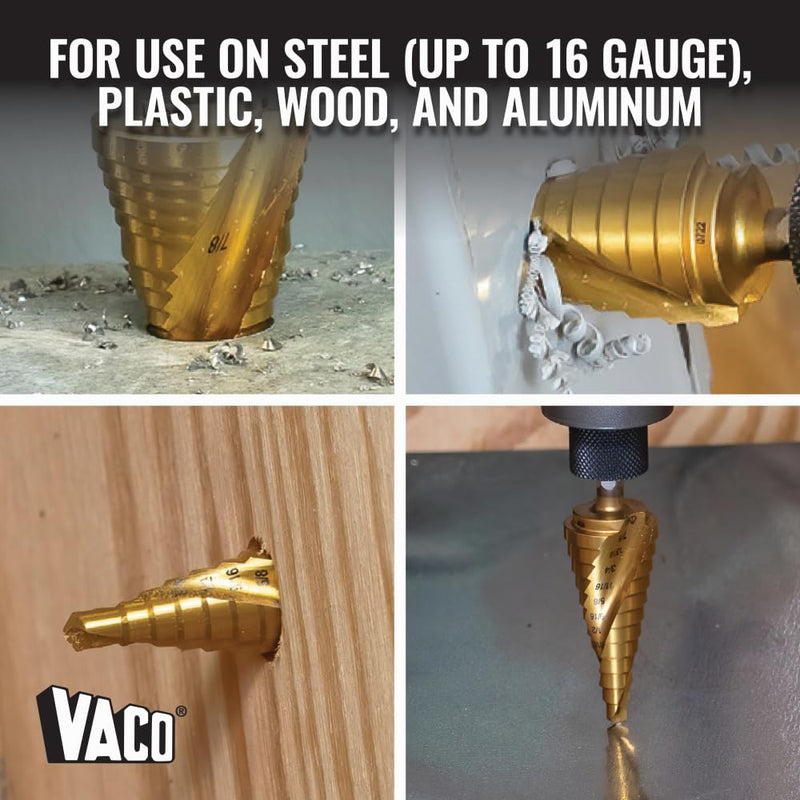 Klein Tools 25962 Step Drill Bit, 3/16 to 7/8-Inch, Spiral Double-Fluted, Cuts Thin Metal, Plastic, Aluminum, Wood, 1/4-Inch Hex Shank, VACO