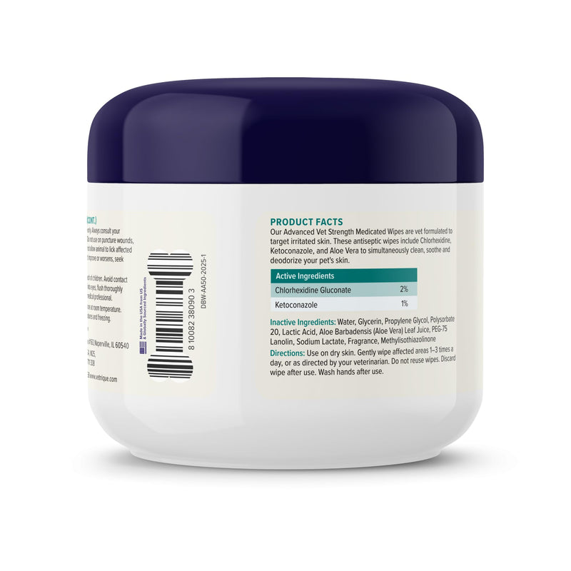 Vetnique Dermabliss Chlorhexidine for Dogs & Cats Wipes - Ketoconazole Medicated Antibacterial & Antifungal Skin Wipes for Hot Spots, Yeast Infection, Yeasty Paws, Itch & Smelly Folds, 50 Count Small 50 Count (Pack of 1) Medicated Skin Wipes