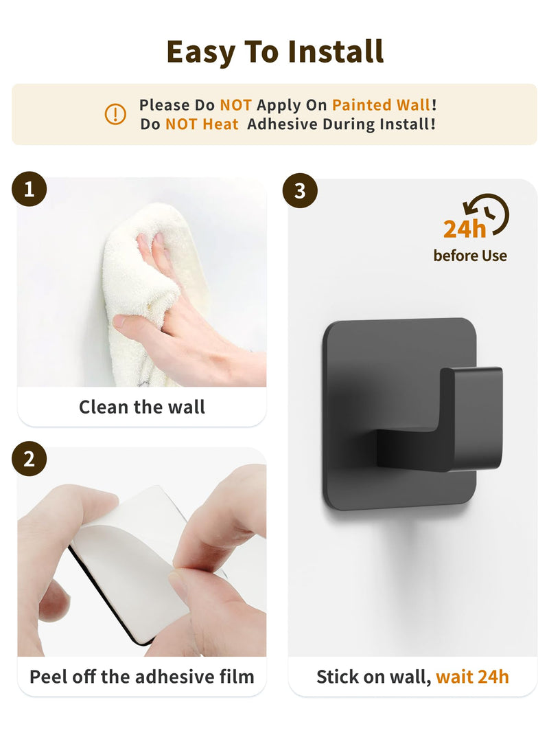 Square Self Adhesive Towel Hooks - Matte Black Bathroom Hooks for Hanging Towel, Coats, Modern and Stylish Hooks for Bathrooms and Kitchen, 2 Pack