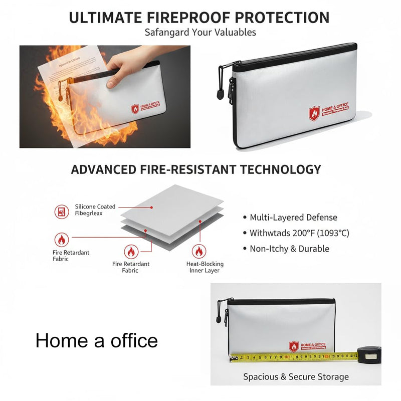 Fireproof Document Bag(3000℉),Waterproof Fireproof Money Bag for Cash with Zipper, Important Document Storage Organizer for Valuables, Legal Documents Safe（18”x 11”）
