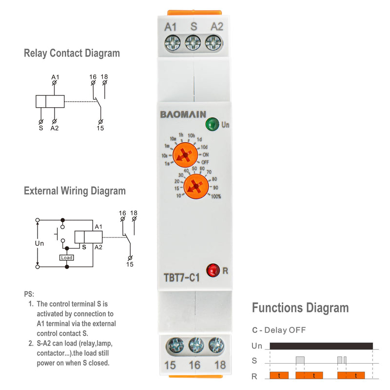 Baomain Multi-Function Time Relay, 16A Delay Off SPDT, DIN Rail Mounting Timer Relay TBT7-C1 (1-SPDT, 12-240VAC/DC)