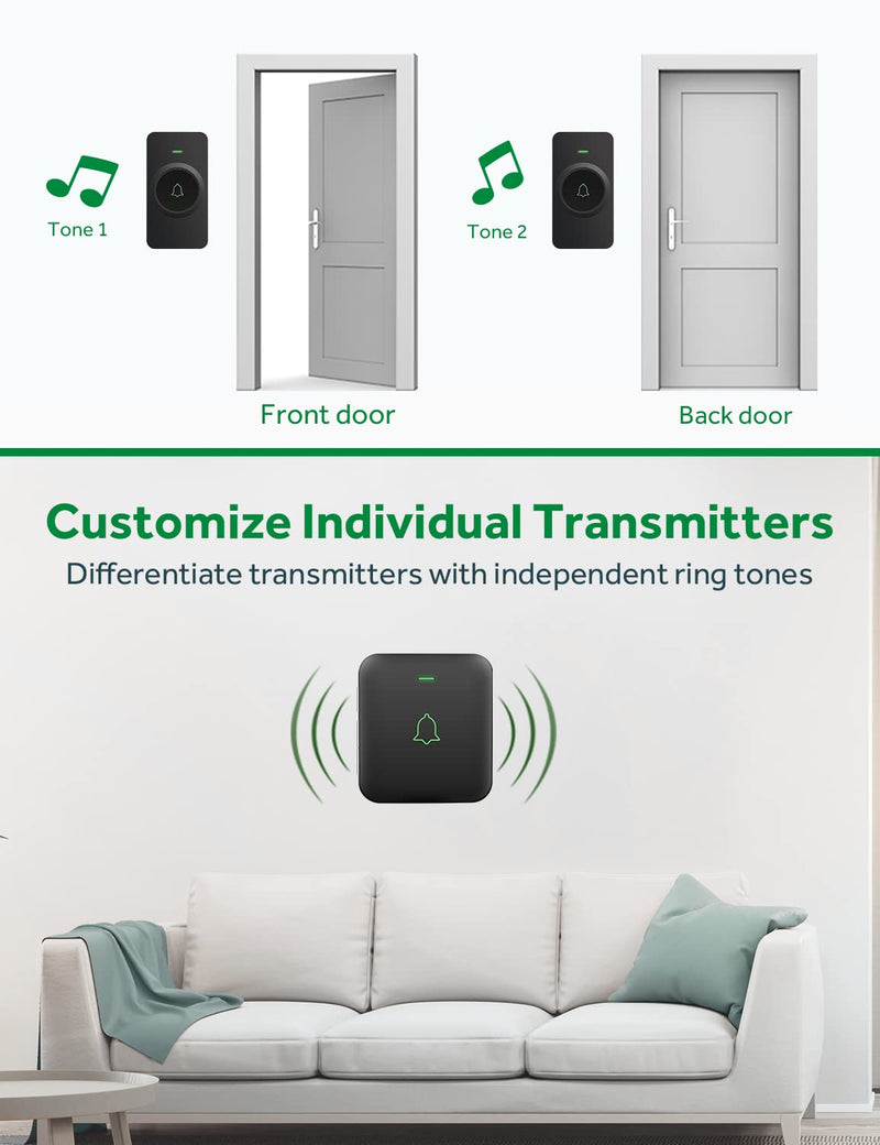 AVANTEK Wireless Door Bell, CB-21 Mini Waterproof Wireless Doorbell Operating at Over 1000 Feet, 2 Remote Buttons Can Have Different Tones, 52 Melodies, CD Quality Sound and LED Flash 2 Transmitters Black