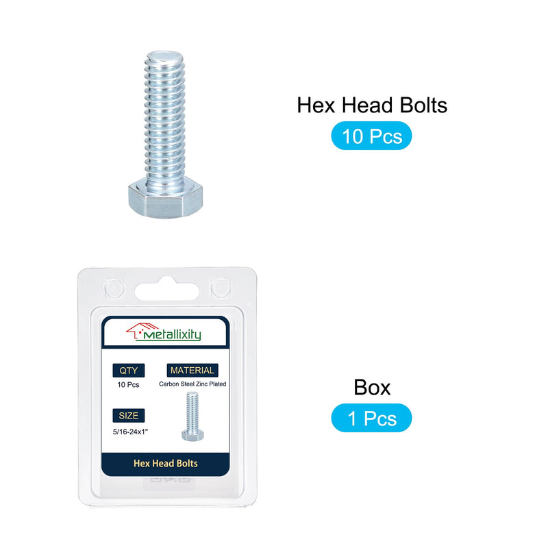 METALLIXITY Hex Bolts (5/16-24x1") 10Pcs, Carbon Steel Zinc Plated Fully Threaded, UNF Fine Thread Hex Head Screw Bolt - for Furniture Repair, Silver 5/16-24x1" 10
