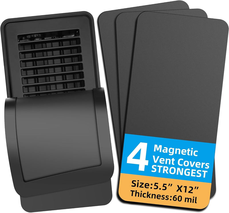 Magnetic Vent Covers (4-Pack) for Complete Sealing of Residential Standard Floor Vent Covers 5.5" X 12" for Floor Wall and Ceiling Vent Covers RV Residential HVAC and Air Conditioning Vents Black 4 PCS Magnetic Vent Cover 5.5X12