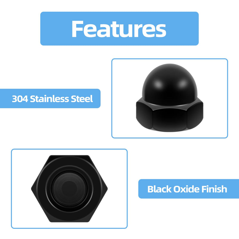 #8-32 Hex Head Acorn Cap Nuts, 304 Stainless Steel 18-8 Black Coating Acorn Nuts, Hex Drive, Black Finish, 50 PCS #8-32