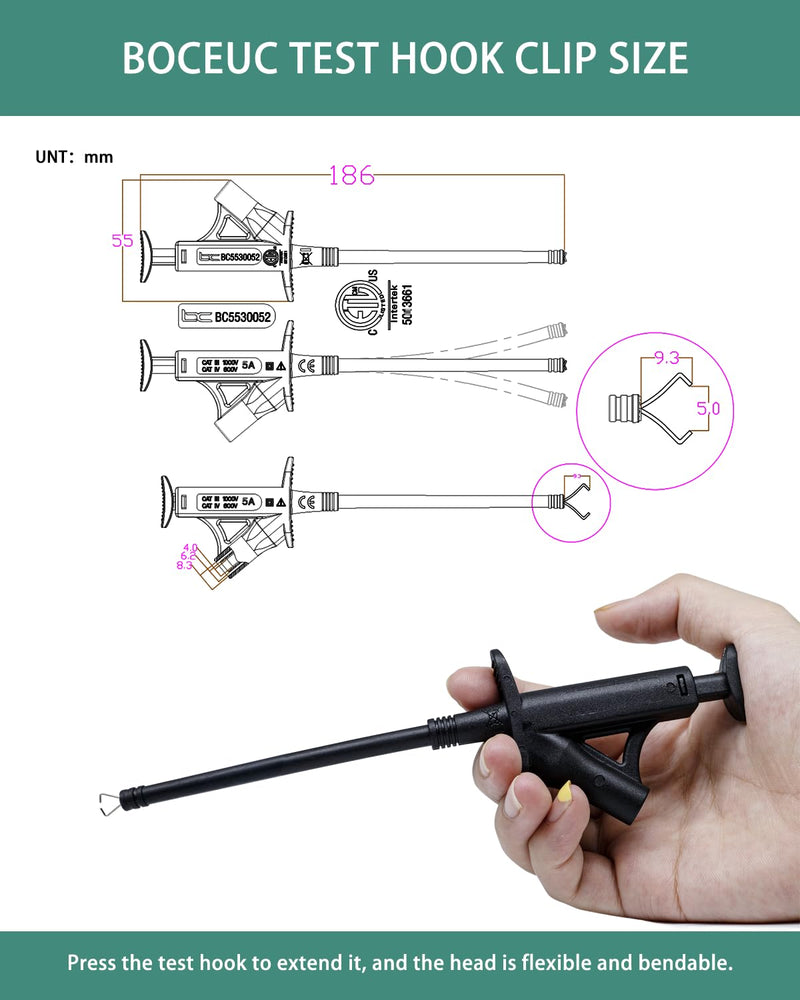 Flexible Test Hook Clamp, Heavy Duty Test Hook Clips with 4mm Banana Socket for Automotive Power Electrical Test