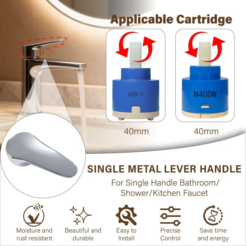Single Shower Faucet Handle Replacement,Shower Handle,Compatible with 40mm Faucet Cartridge(Cartridge Stem 10 * 10mm),for Single Handle Bathroom Faucet,Shower Faucet,and Kitchen Faucet Shower Handle-Silver-4